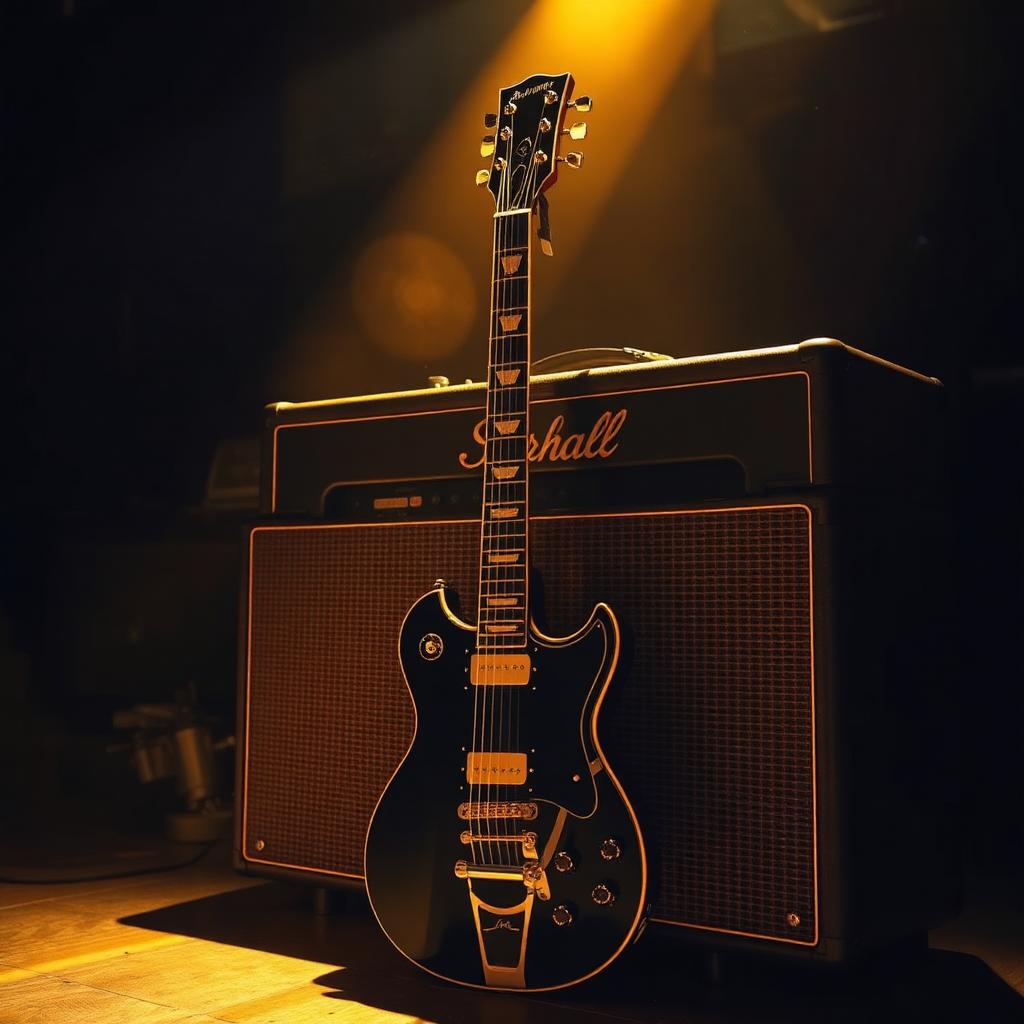 Electric guitar leaning against a vintage amplifier