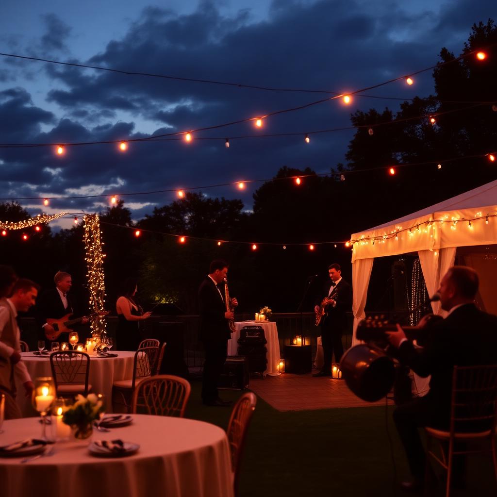 Live band playing at an outdoor evening wedding reception